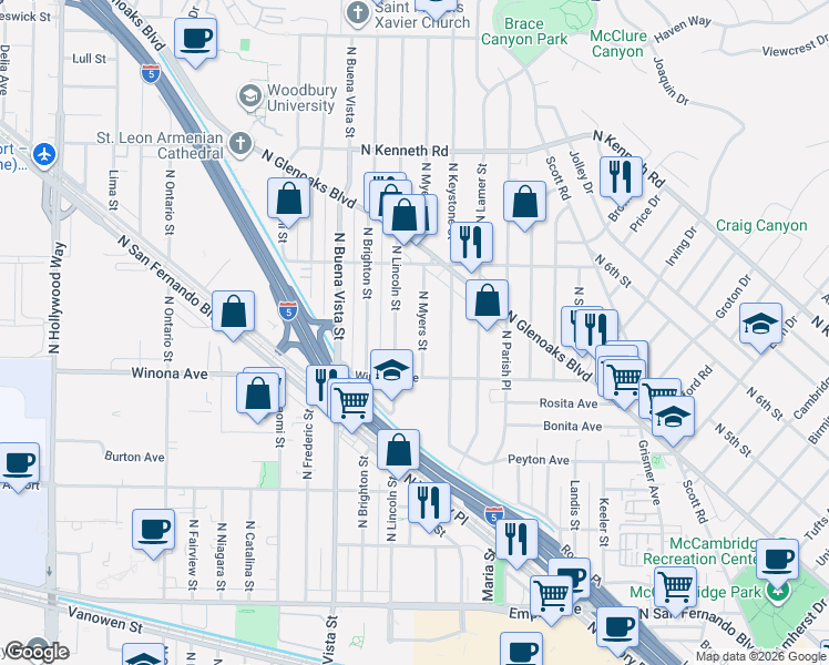 map of restaurants, bars, coffee shops, grocery stores, and more near 2421 North Myers Street in Burbank