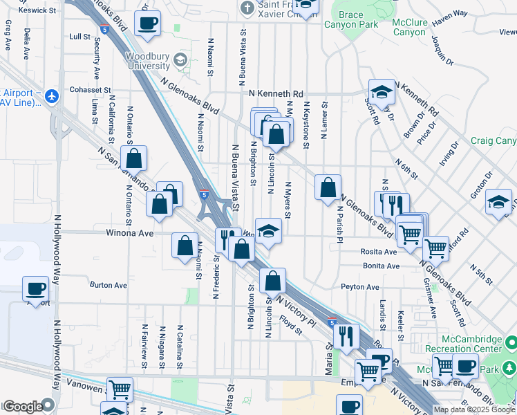 map of restaurants, bars, coffee shops, grocery stores, and more near 2420 North Brighton Street in Burbank