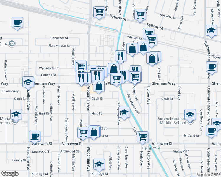 map of restaurants, bars, coffee shops, grocery stores, and more near 7117 Allott Avenue in Los Angeles