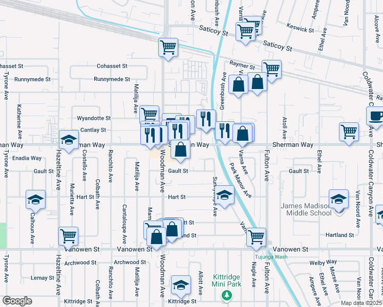 map of restaurants, bars, coffee shops, grocery stores, and more near 13611 Gault Street in Los Angeles