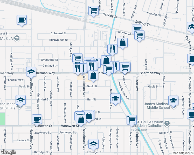 map of restaurants, bars, coffee shops, grocery stores, and more near 13611 Gault Street in Los Angeles