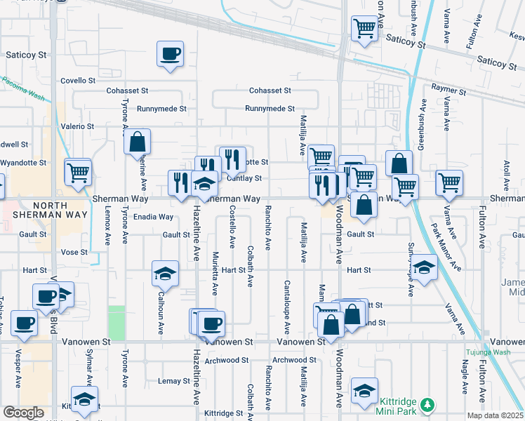 map of restaurants, bars, coffee shops, grocery stores, and more near 7120 Ranchito Avenue in Los Angeles