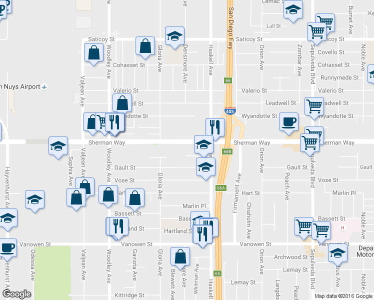 map of restaurants, bars, coffee shops, grocery stores, and more near 15811 Gault Street in Los Angeles