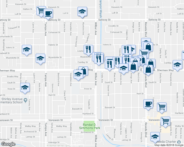 map of restaurants, bars, coffee shops, grocery stores, and more near 7135 Wilbur Avenue in Los Angeles
