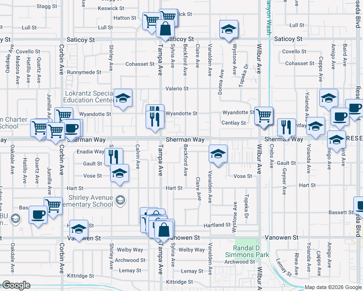 map of restaurants, bars, coffee shops, grocery stores, and more near 19148 Enadia Way in Los Angeles