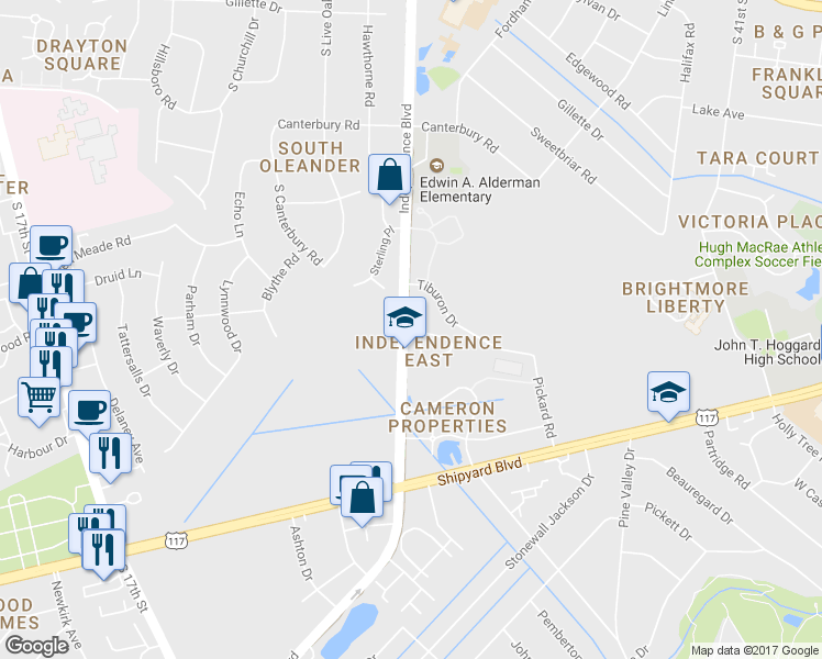 map of restaurants, bars, coffee shops, grocery stores, and more near Cross City Trail in Wilmington