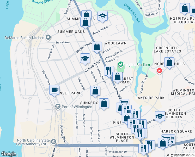 map of restaurants, bars, coffee shops, grocery stores, and more near 314 Southern Boulevard in Wilmington