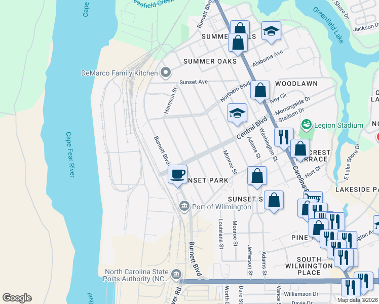 map of restaurants, bars, coffee shops, grocery stores, and more near 122 Central Boulevard in Wilmington