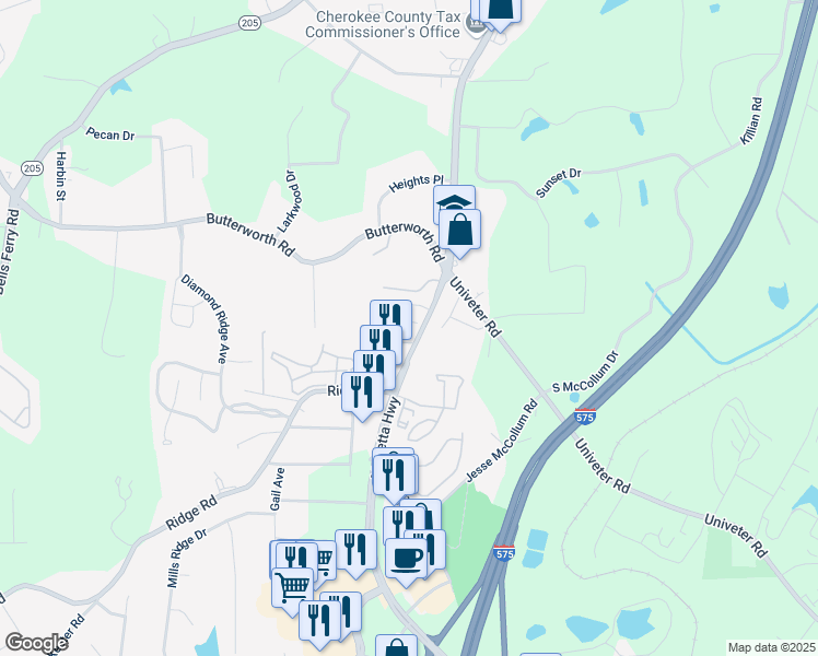 map of restaurants, bars, coffee shops, grocery stores, and more near 218 Piedmont Circle in Canton