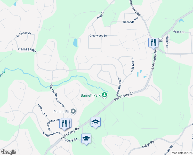 map of restaurants, bars, coffee shops, grocery stores, and more near 347 Downing Creek Trail in Canton