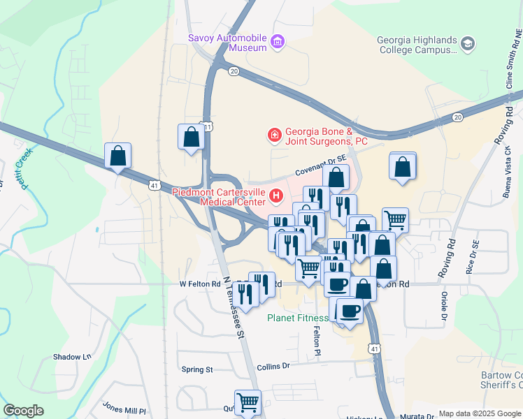 map of restaurants, bars, coffee shops, grocery stores, and more near 962 Joe Frank Harris Parkway Southeast in Cartersville