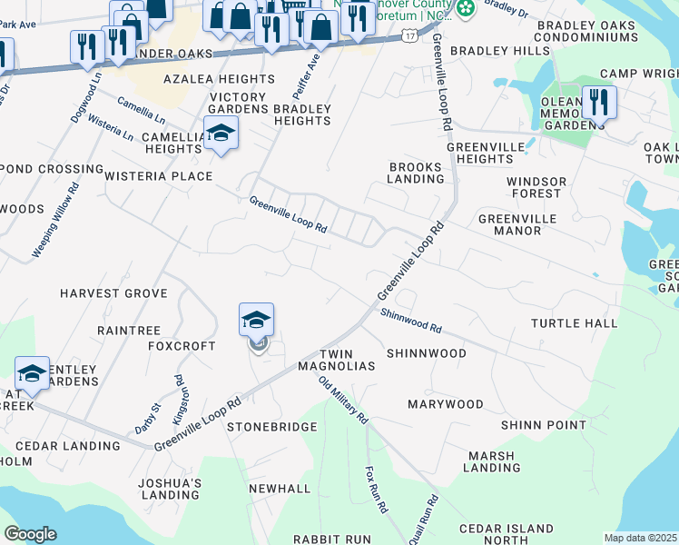 map of restaurants, bars, coffee shops, grocery stores, and more near 6391 Greenville Loop Road in Wilmington