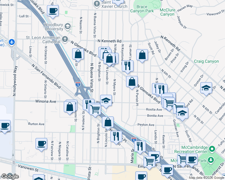 map of restaurants, bars, coffee shops, grocery stores, and more near 2421 North Myers Street in Burbank