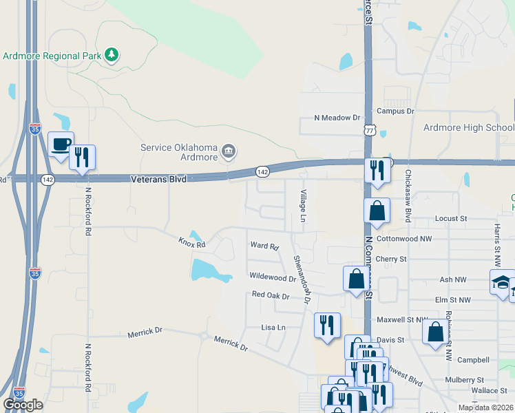 map of restaurants, bars, coffee shops, grocery stores, and more near 2206 Cimmaron Drive in Ardmore