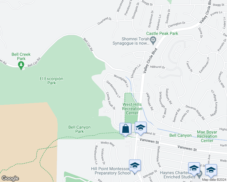 map of restaurants, bars, coffee shops, grocery stores, and more near 24600 Gardenstone Lane in Los Angeles