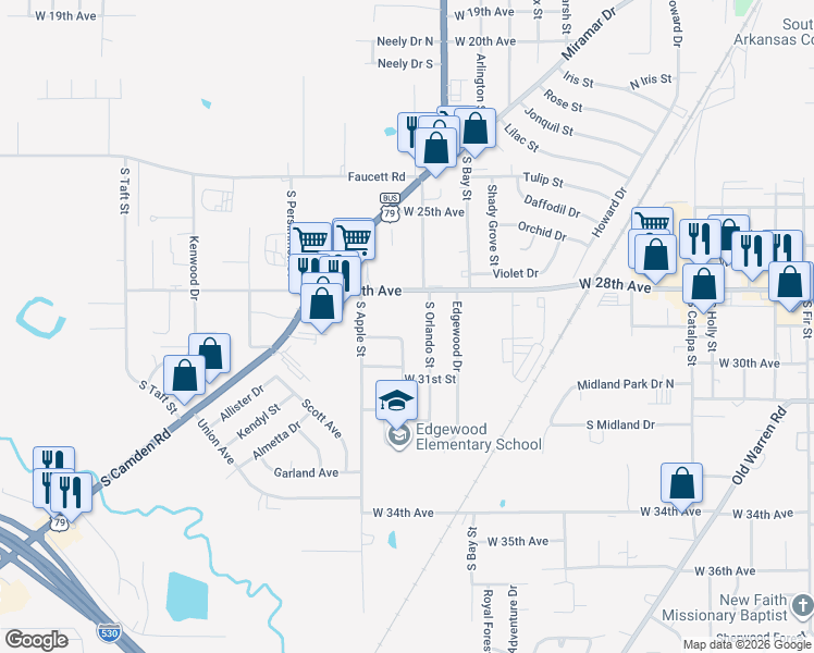 map of restaurants, bars, coffee shops, grocery stores, and more near 2907 Taylor Drive in Pine Bluff