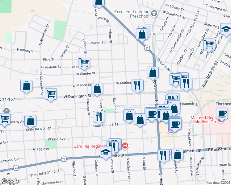 map of restaurants, bars, coffee shops, grocery stores, and more near 550 West Darlington Street in Florence