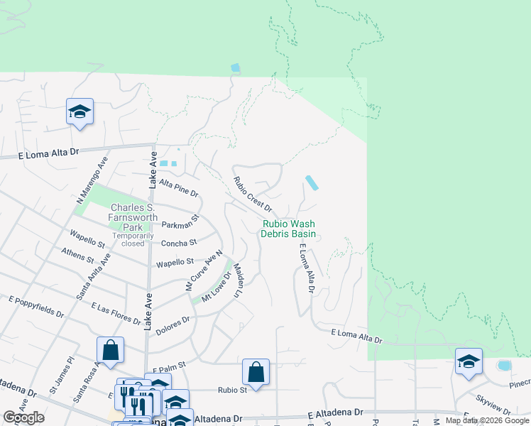 map of restaurants, bars, coffee shops, grocery stores, and more near East Loma Alta Drive in Altadena