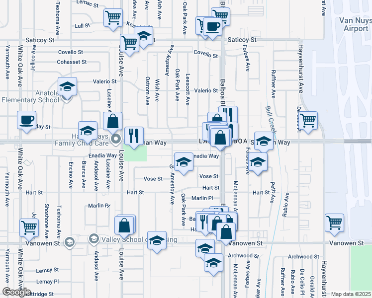 map of restaurants, bars, coffee shops, grocery stores, and more near 17026 Sherman Way in Los Angeles