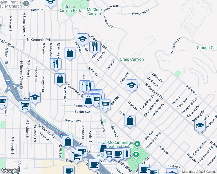 map of restaurants, bars, coffee shops, grocery stores, and more near 536 Hampton Road in Burbank