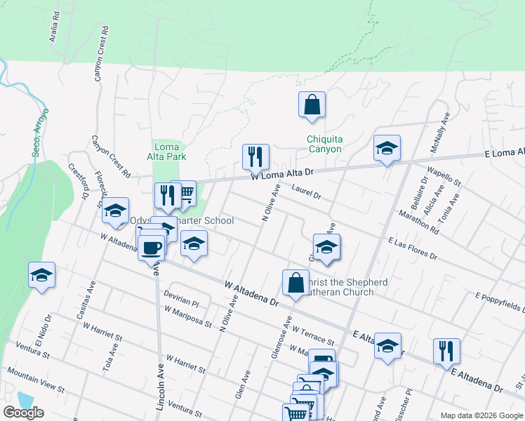 map of restaurants, bars, coffee shops, grocery stores, and more near 3241 North Olive Avenue in Altadena