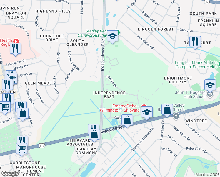 map of restaurants, bars, coffee shops, grocery stores, and more near 3703 Reston Court in Wilmington
