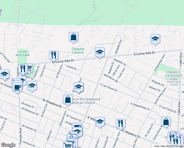 map of restaurants, bars, coffee shops, grocery stores, and more near 71 Laurel Drive in Altadena