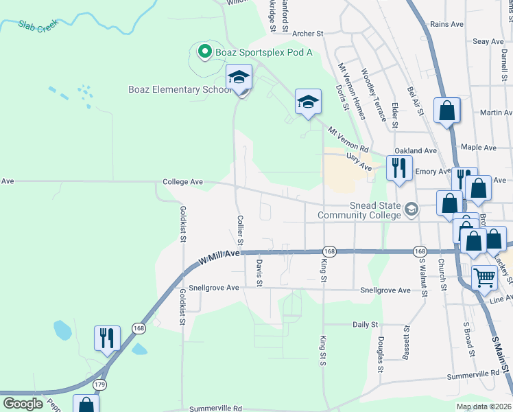 map of restaurants, bars, coffee shops, grocery stores, and more near 223 Law Circle in Boaz