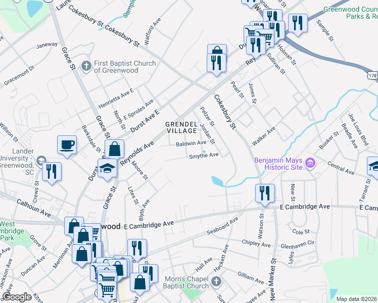 map of restaurants, bars, coffee shops, grocery stores, and more near 203 Smythe Avenue in Greenwood