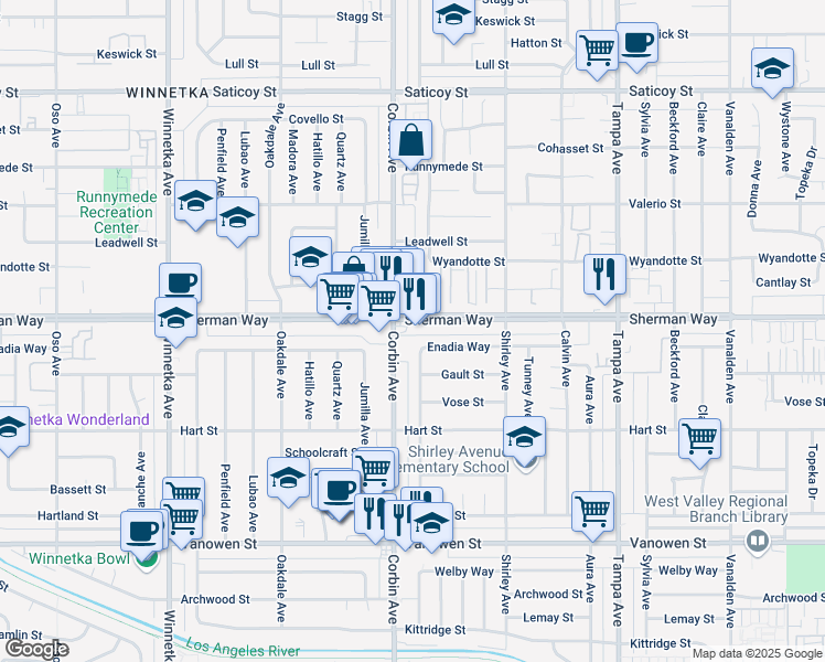 map of restaurants, bars, coffee shops, grocery stores, and more near 19648 Sherman Way in Los Angeles