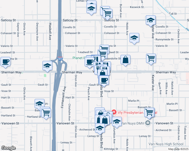 map of restaurants, bars, coffee shops, grocery stores, and more near 7133 Sepulveda Boulevard in Los Angeles