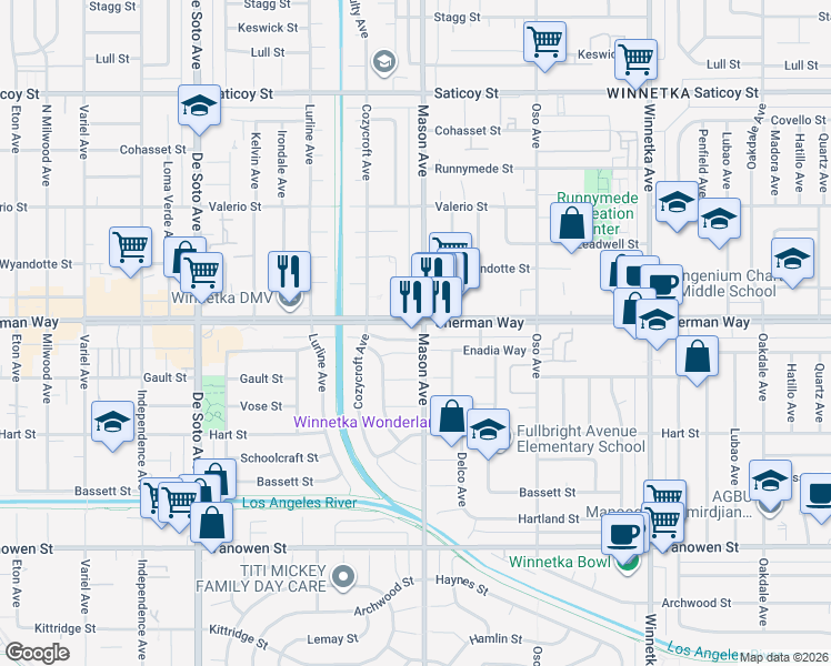 map of restaurants, bars, coffee shops, grocery stores, and more near 20500 Sherman Way in Winnetka