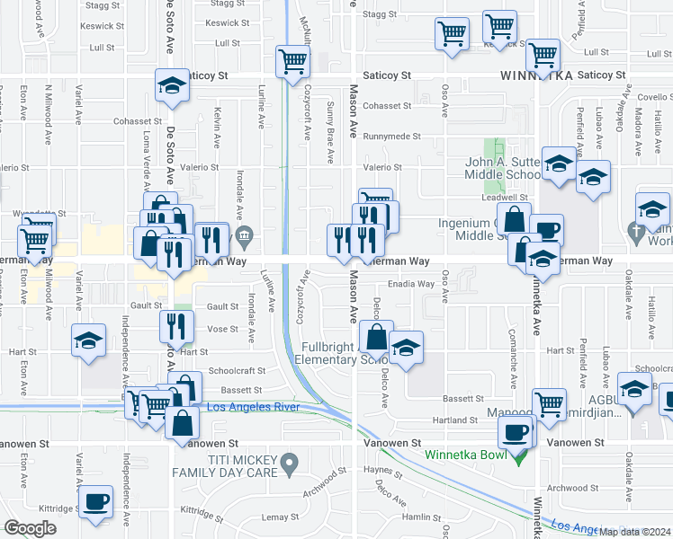 map of restaurants, bars, coffee shops, grocery stores, and more near 20524 Sherman Way in Los Angeles