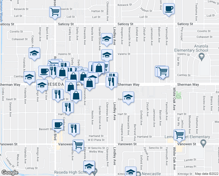 map of restaurants, bars, coffee shops, grocery stores, and more near 7113 Lindley Avenue in Los Angeles