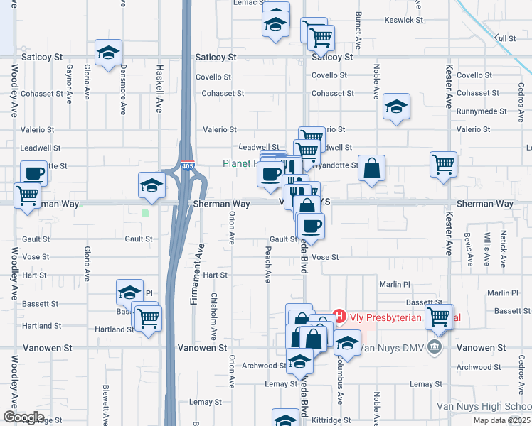 map of restaurants, bars, coffee shops, grocery stores, and more near 15400 Sherman Way in Los Angeles