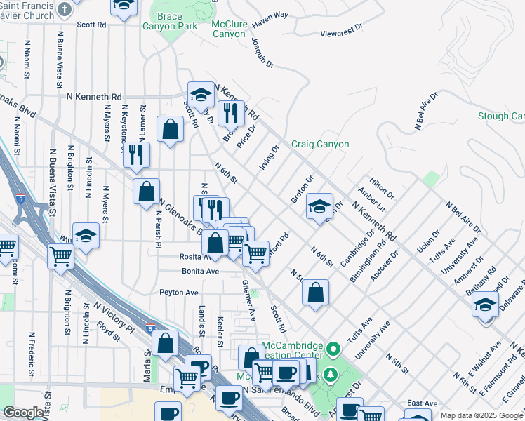 map of restaurants, bars, coffee shops, grocery stores, and more near 536 Hampton Road in Burbank