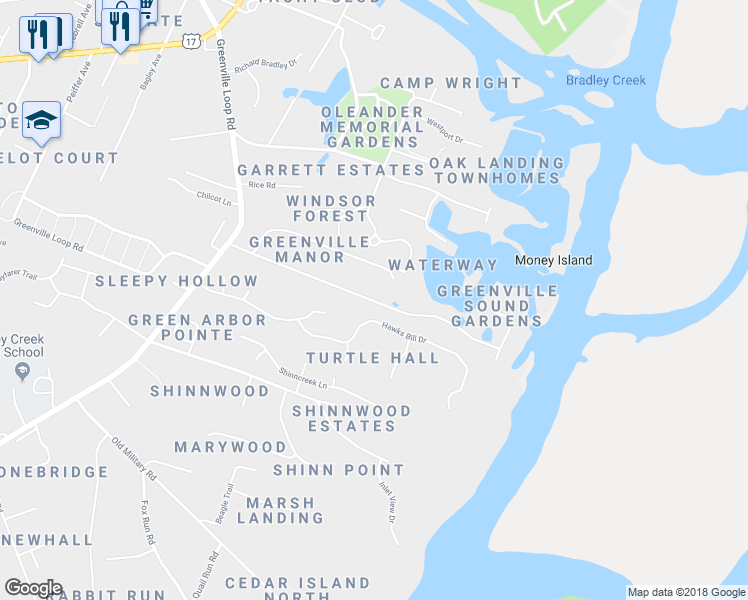 map of restaurants, bars, coffee shops, grocery stores, and more near 6318 Towles Road in Wilmington