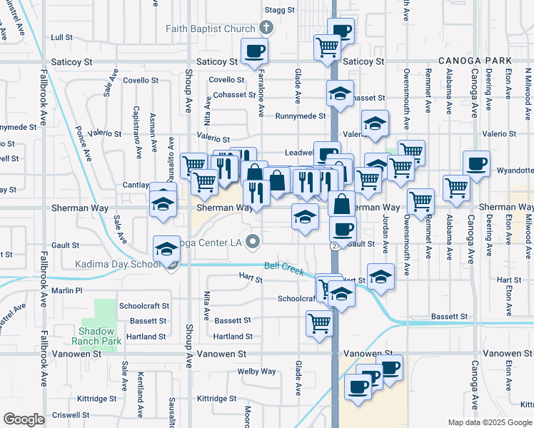 map of restaurants, bars, coffee shops, grocery stores, and more near 7124 Farralone Avenue in Los Angeles