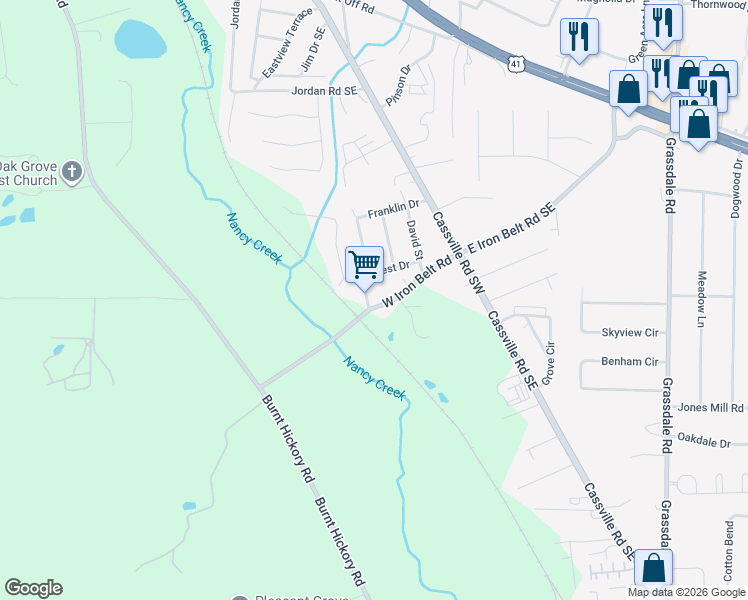 map of restaurants, bars, coffee shops, grocery stores, and more near 1 South Drive in Cartersville