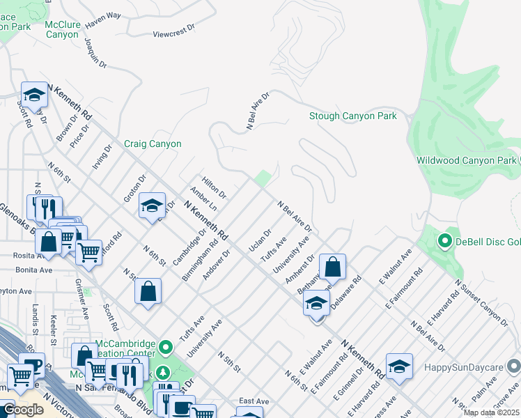 map of restaurants, bars, coffee shops, grocery stores, and more near 925 Andover Drive in Burbank