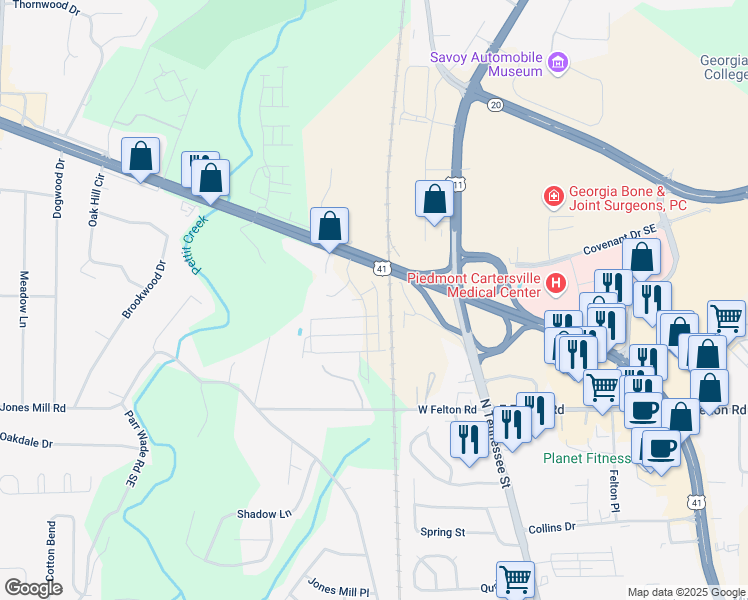 map of restaurants, bars, coffee shops, grocery stores, and more near 1049 Paddington Drive in Cartersville