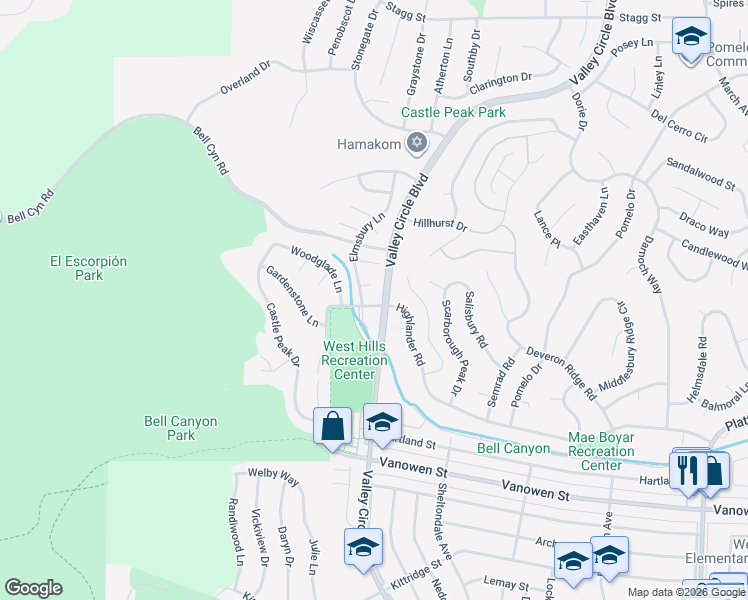 map of restaurants, bars, coffee shops, grocery stores, and more near 24378 Highlander Road in Los Angeles