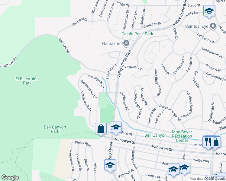 map of restaurants, bars, coffee shops, grocery stores, and more near 24411 Highlander Road in Los Angeles