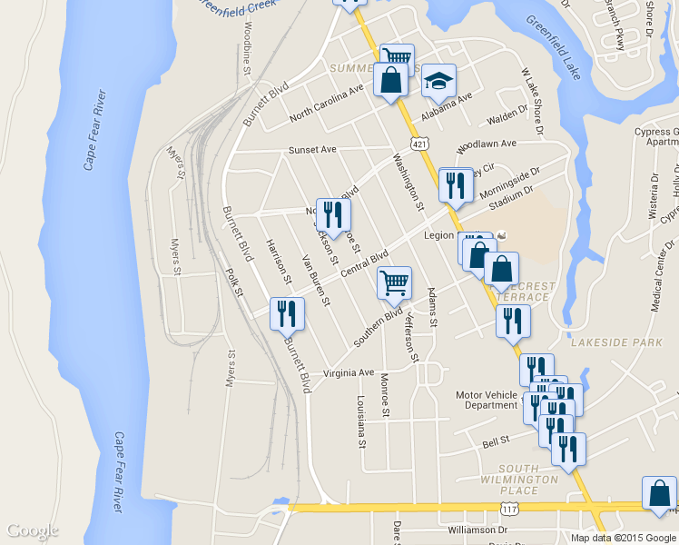 map of restaurants, bars, coffee shops, grocery stores, and more near Jackson Street in Wilmington