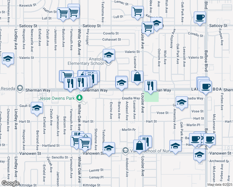 map of restaurants, bars, coffee shops, grocery stores, and more near 17442 Sherman Way in Van Nuys