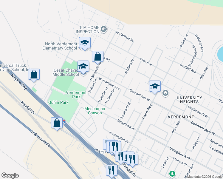 map of restaurants, bars, coffee shops, grocery stores, and more near 6544 Los Robles Way in San Bernardino