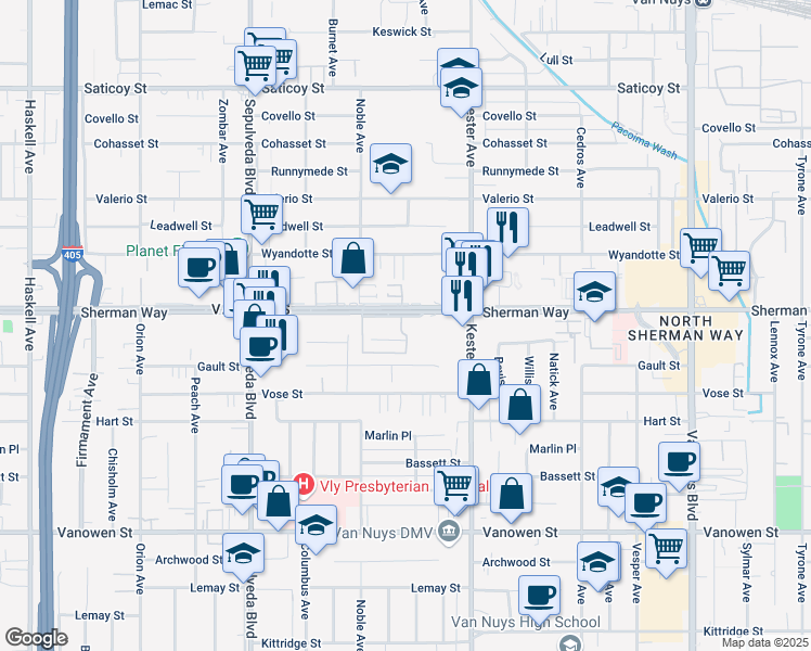 map of restaurants, bars, coffee shops, grocery stores, and more near 15007 Gault Street in Los Angeles