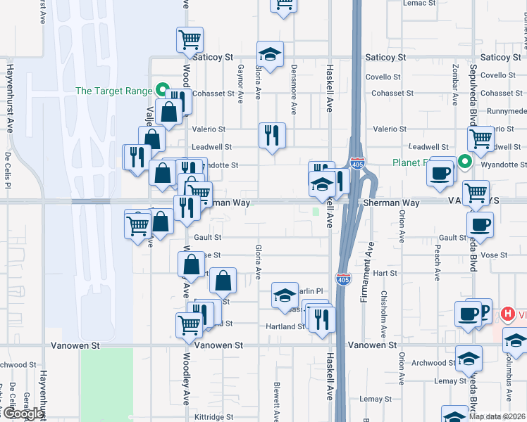 map of restaurants, bars, coffee shops, grocery stores, and more near 15860 Enadia Way in Los Angeles