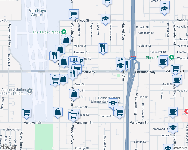 map of restaurants, bars, coffee shops, grocery stores, and more near 15926 Enadia Way in Los Angeles