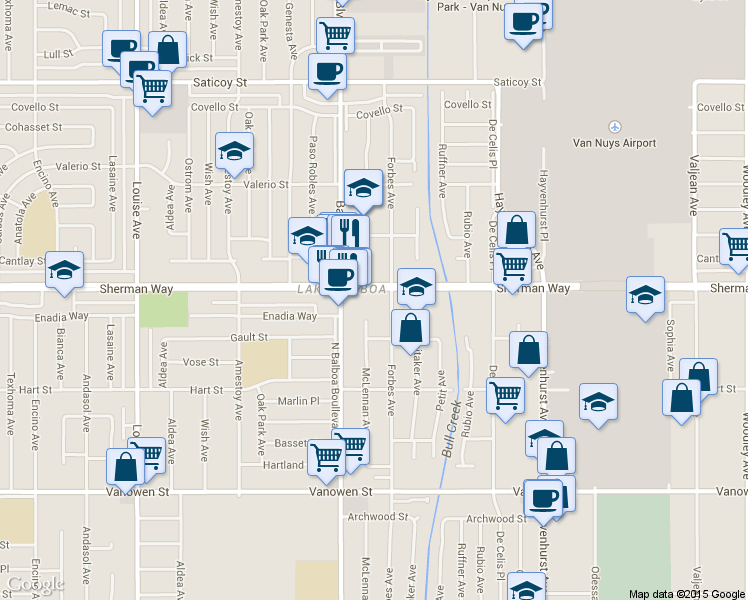 map of restaurants, bars, coffee shops, grocery stores, and more near 7118 McLennan Avenue in Los Angeles